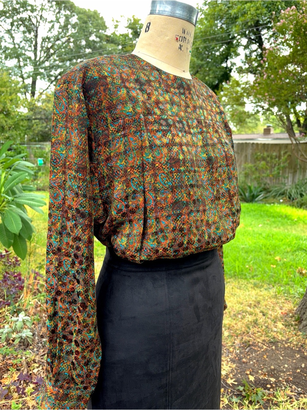 Vintage 80s Ernst Strauss 100% Silk Paisley Blouse Blouson Pleats Shoulder Pads